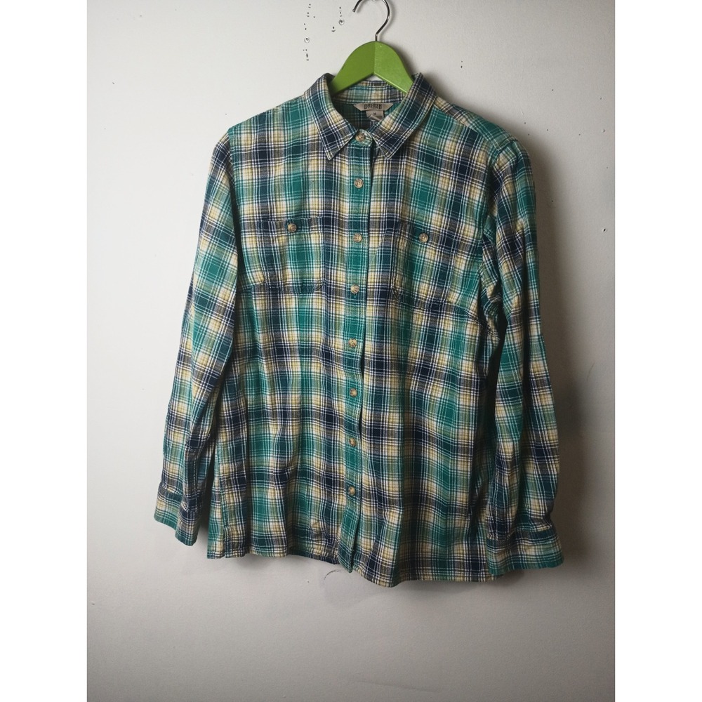 Duluth Trading Co Womens Green Yellow Plaid Flannel Button Down Shirt Size M